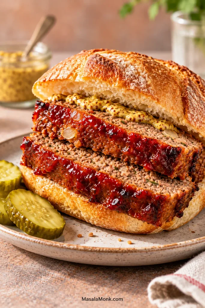 Meatloaf sandwich on crusty bread with two thick glazed meatloaf slices, grainy mustard and pickle slices, served on a light plate.