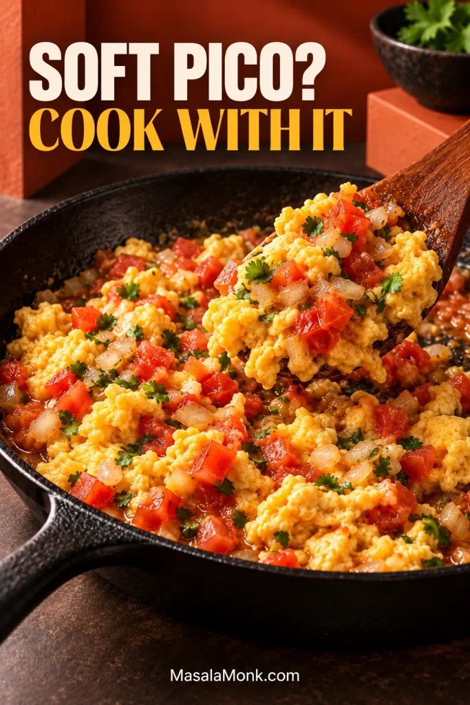 Black skillet of scrambled eggs with softened pico de gallo, with a wooden spatula lifting a portion.