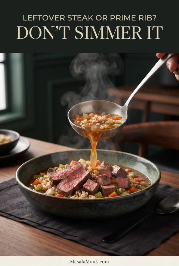 Slices of pink cooked steak in a bowl as hot beef barley soup with pearl barley and vegetables is ladled over the meat.
