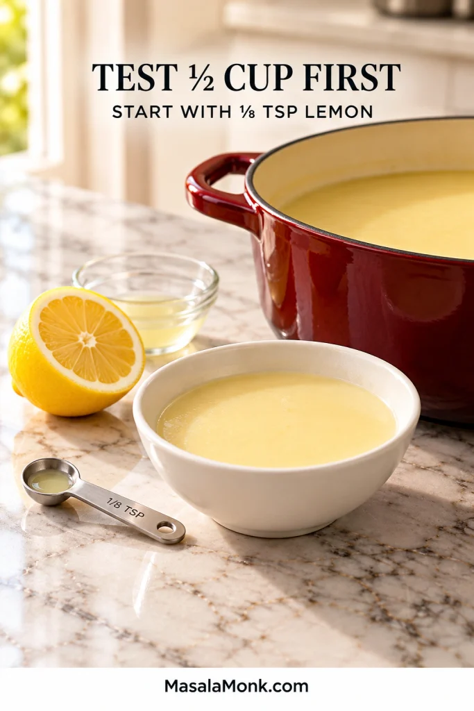 Small bowl of smooth potato leek soup beside a one-eighth-teaspoon measure of lemon juice, with the main pot behind it for comparison.