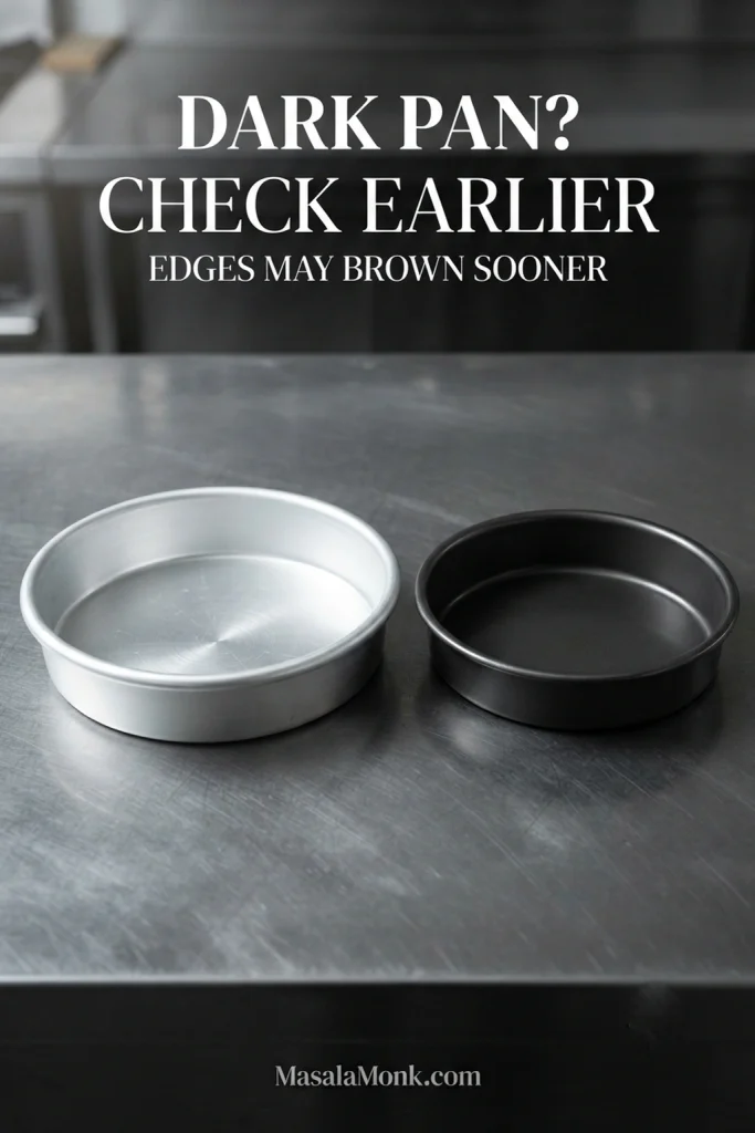Light aluminum round cake pan beside a dark metal round cake pan on a cool grey surface.