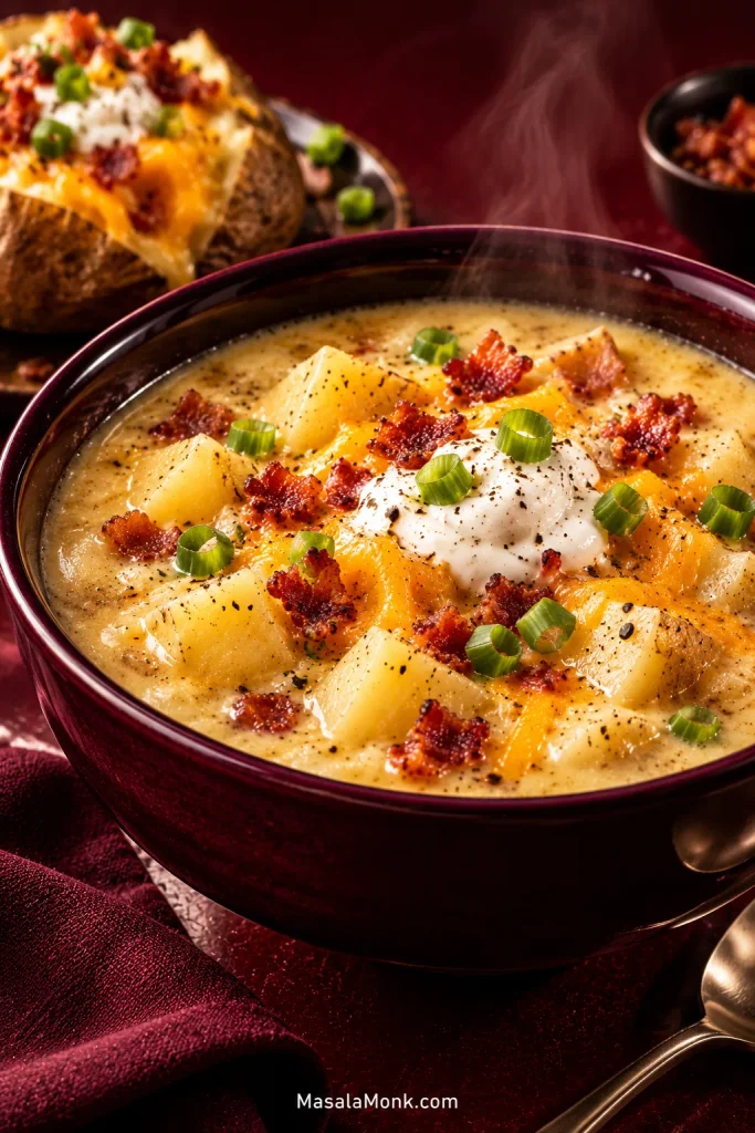 Bowl of creamy potato soup topped with bacon, cheddar, sour cream, and green onions, with a loaded baked potato in the background.