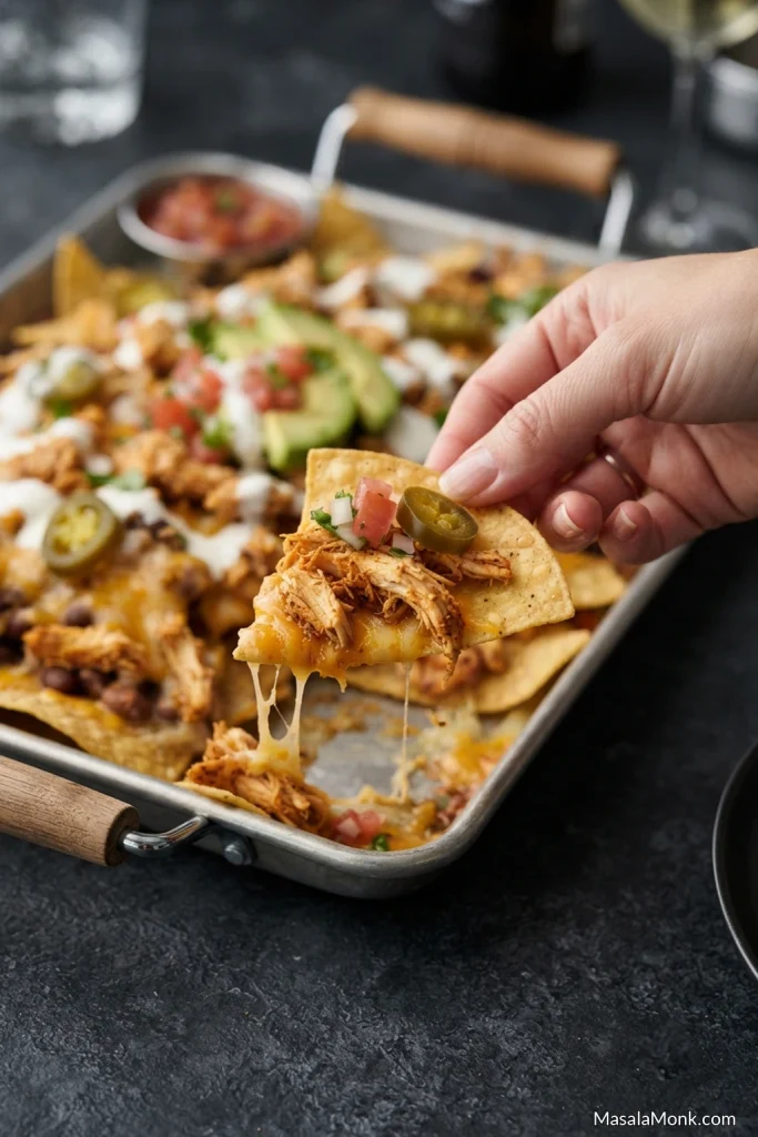 Hand holding a tortilla chip topped with shredded chicken, melted cheese and black beans above a tray of chicken nachos.
