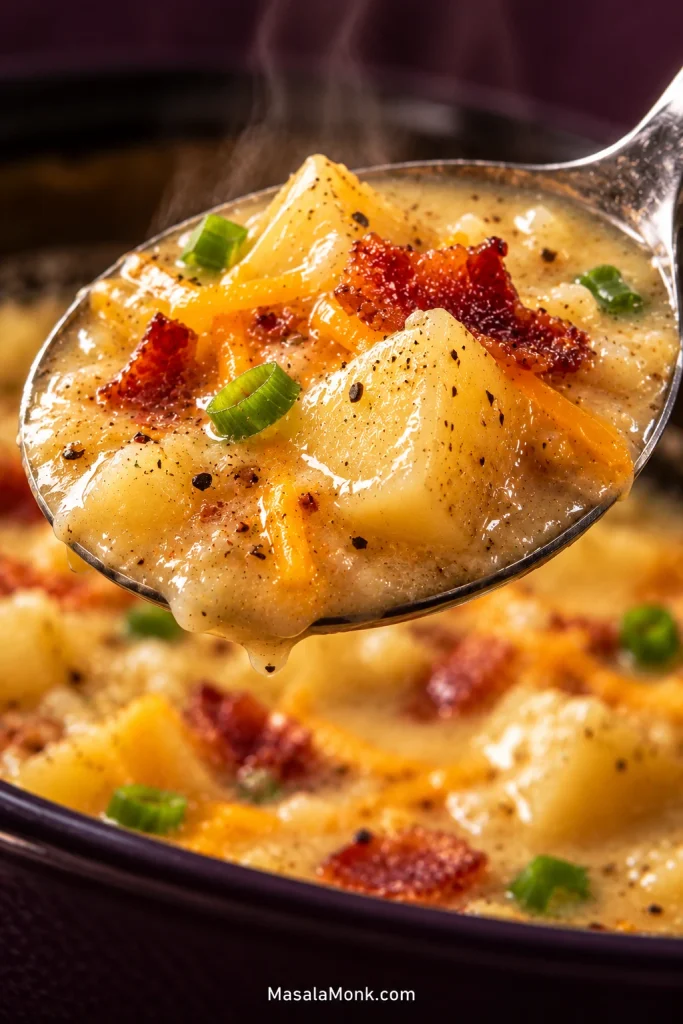 Spoon holding several potato chunks coated in creamy soup with bacon, cheddar, and sliced green onion.