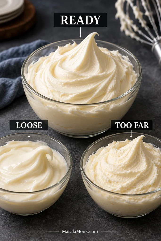 Three bowls comparing loose, ready and slightly overwhipped cream cheese frosting, from soft glossy folds to a rougher structured texture.