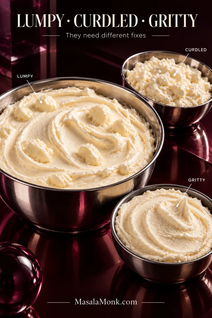 Three bowls of cream cheese frosting labeled lumpy, curdled and gritty, each showing a different rough texture.