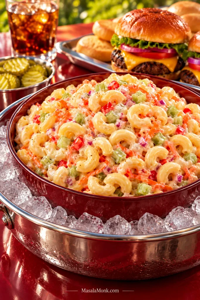 Burgundy bowl of creamy macaroni salad nested inside a larger metal bowl filled with ice, with burgers, pickles, buns, and an iced drink behind it.