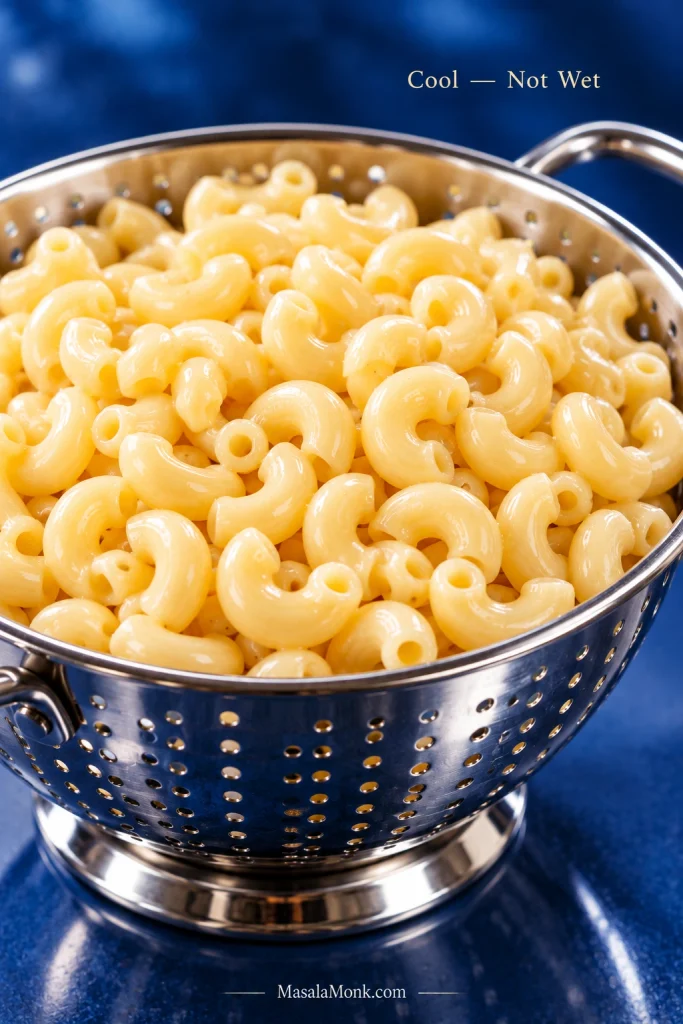 Cooked elbow macaroni draining in a polished stainless steel colander against a deep blue background.