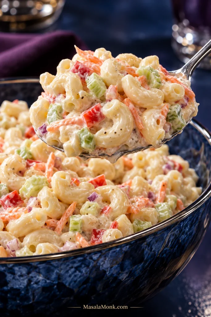 Metal serving spoon lifting creamy elbow macaroni salad with finely diced celery, red bell pepper, red onion, and shredded carrot.