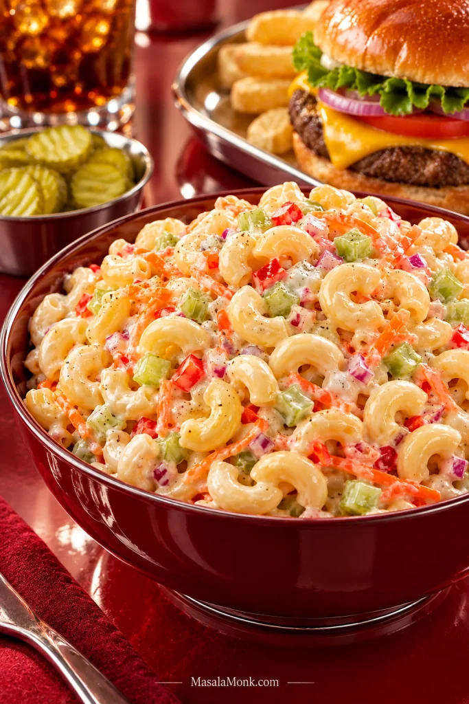 Burgundy bowl of creamy macaroni salad in front of a cheeseburger, sliced pickles, buns, and an iced drink.