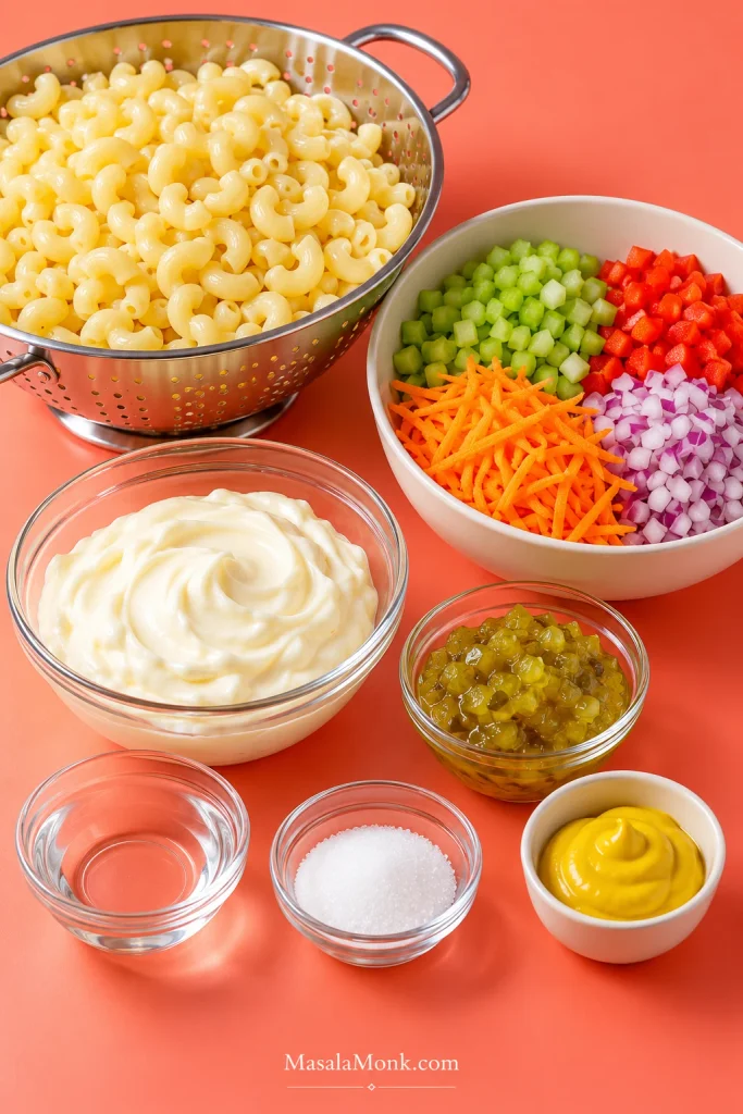 Elbow macaroni, celery, red bell pepper, red onion, shredded carrot, mayonnaise, mustard, relish, vinegar, sugar, and seasonings arranged on a coral surface.