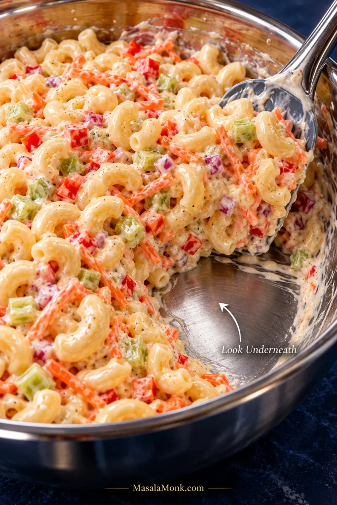 Stainless steel bowl of macaroni salad with a metal spoon pushing the salad aside to expose the bowl bottom without a watery puddle.