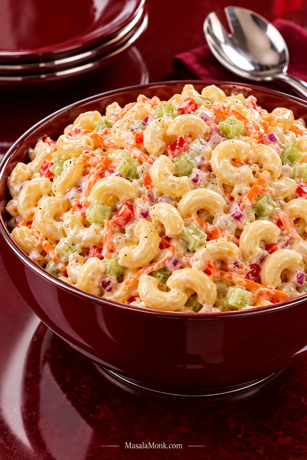 Large burgundy bowl filled with creamy elbow macaroni salad containing finely diced celery, red bell pepper, red onion, and shredded carrot on a glossy red surface.