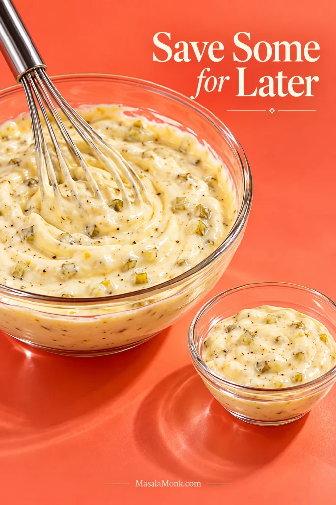 Large glass bowl of creamy relish and mustard dressing beside a smaller glass bowl holding a reserved portion.