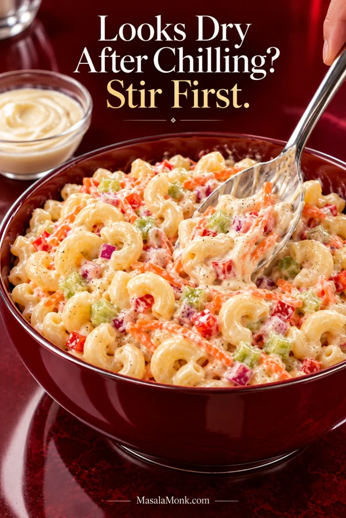 Creamy macaroni salad being stirred with a metal spoon, with a small container of reserved dressing nearby.