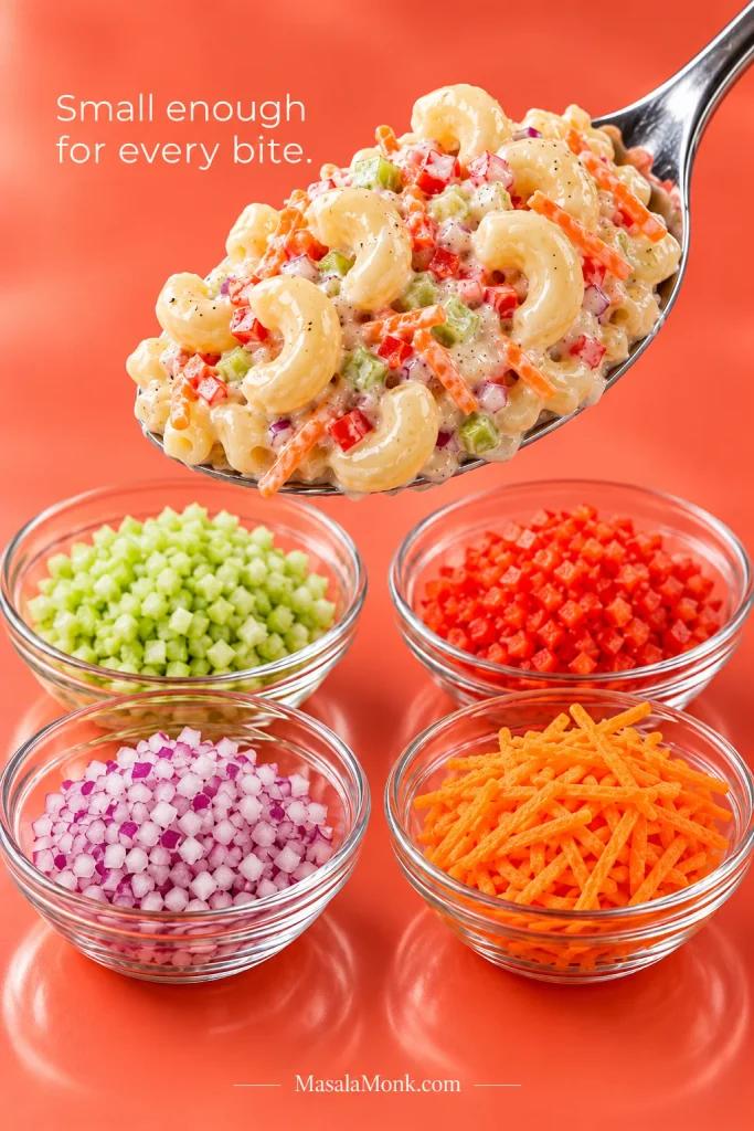 Spoonful of creamy elbow macaroni salad above bowls of finely diced celery, red bell pepper, red onion, and shredded carrot.
