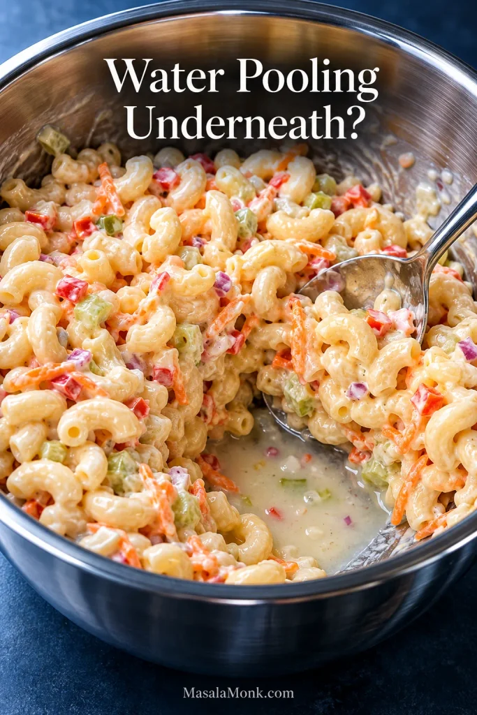 Macaroni salad in a stainless steel bowl pushed aside with a spoon to reveal a thin pool of pale watery liquid underneath.