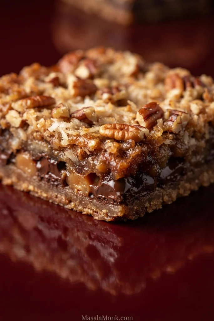 Close-up of the browned outer edge of a Magic Cookie Bar showing graham crust, chewy filling, coconut, pecans, chocolate and butterscotch chips.
