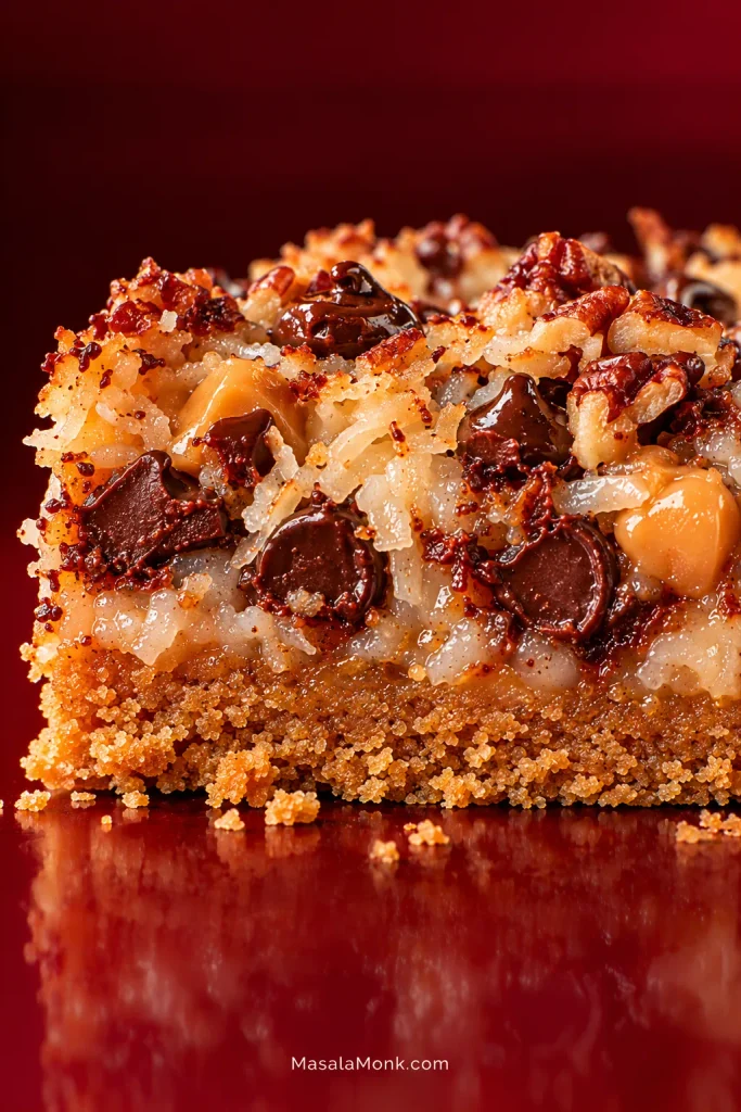 Side view of a Magic Cookie Bar with a compact golden graham base beneath a thick chewy layer containing chocolate, butterscotch, coconut and pecans.