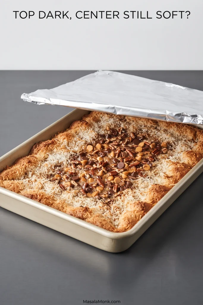 Pan of Magic Cookie Bars with browned coconut on top and a loose sheet of foil being positioned over the pan. Text asks “Top dark, center still soft?”