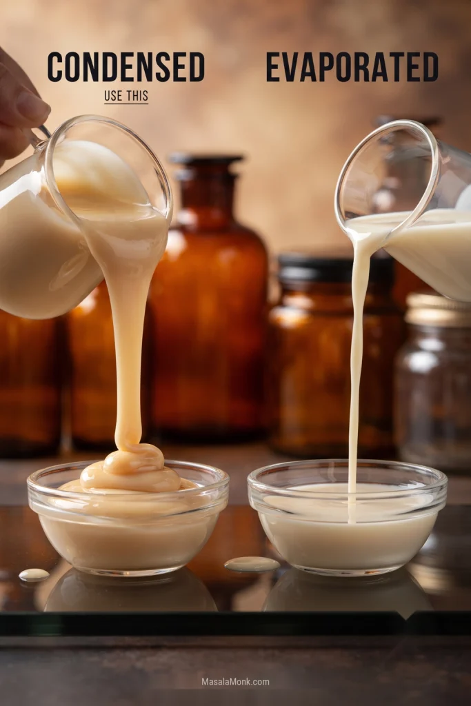 Side-by-side comparison of thick sweetened condensed milk and thinner evaporated milk, with condensed milk identified as the ingredient to use.
