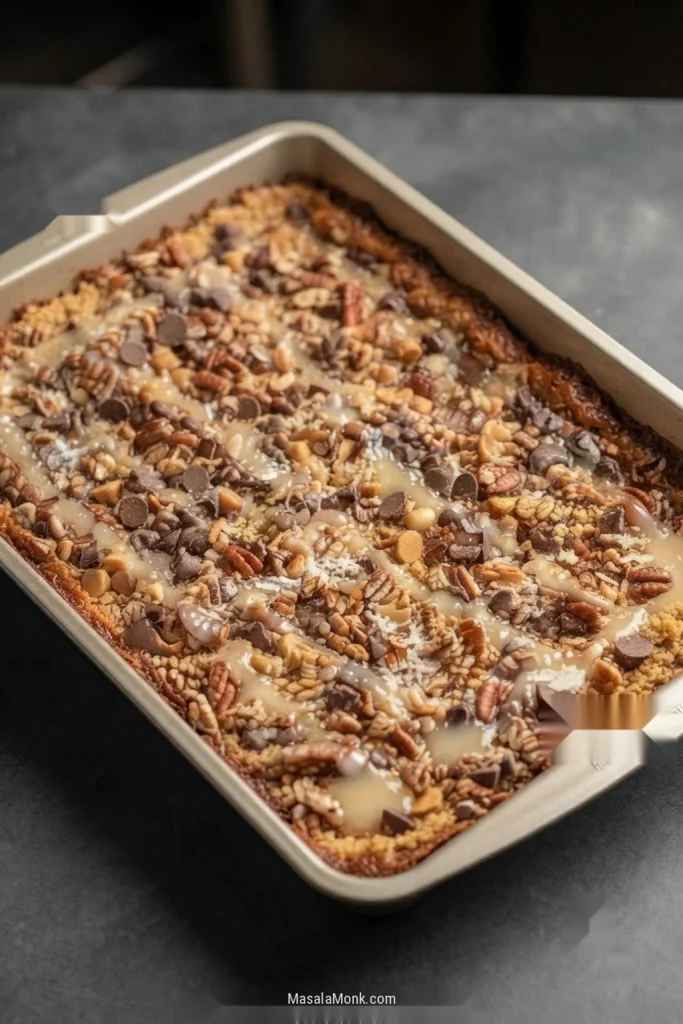 Rectangular metal pan of baked Magic Cookie Bars with browned edges, toasted coconut, pecans, chocolate and butterscotch chips, and a softer-looking center.