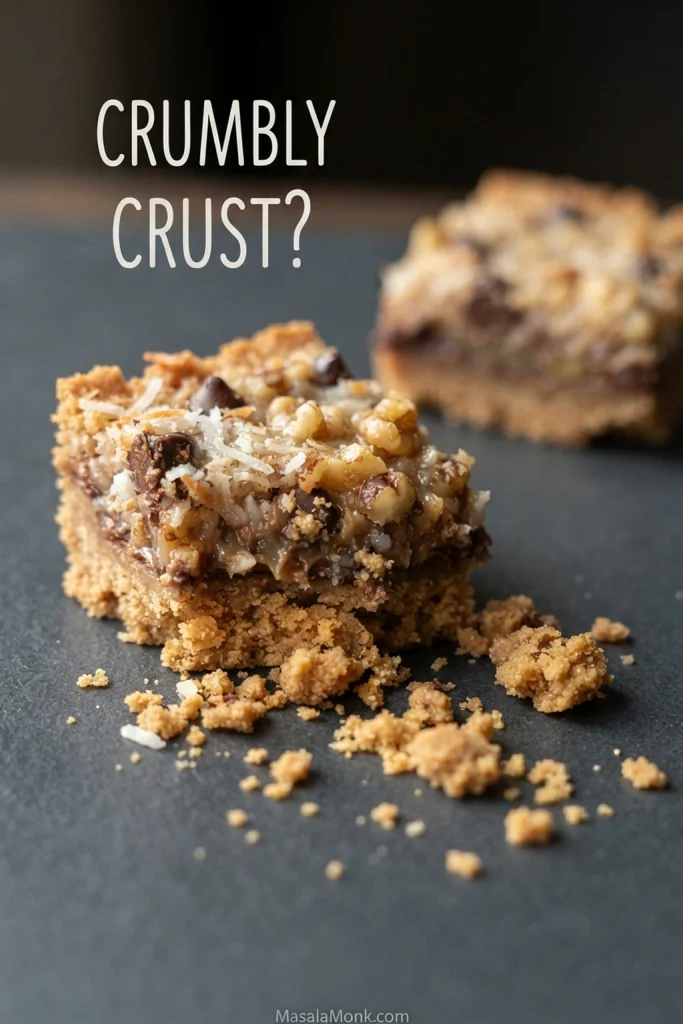 Magic Cookie Bar with its graham cracker base breaking into loose crumbs. Text reads “Crumbly crust?”