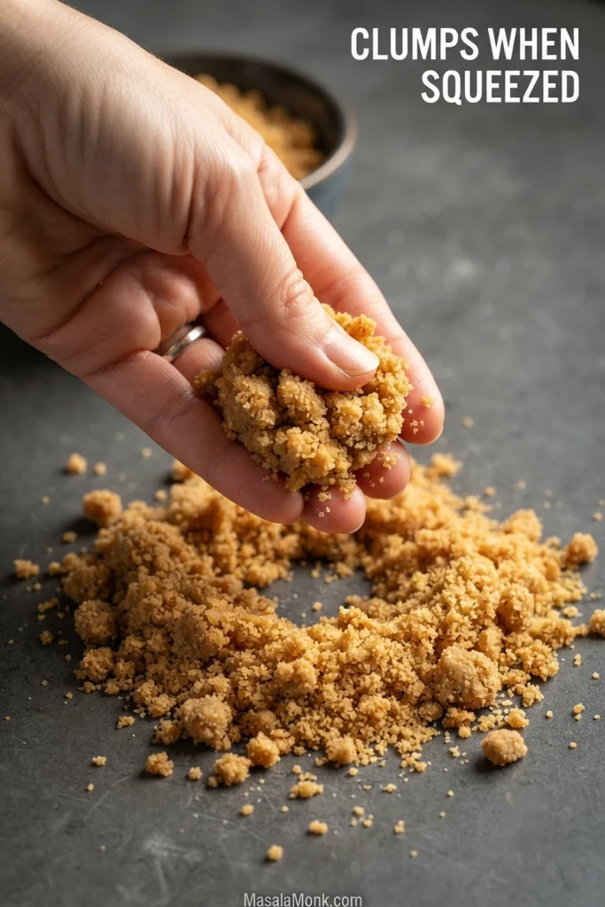 Hand squeezing buttered graham cracker crumbs into a cohesive clump above loose crumbs. Text reads “Clumps when squeezed.”