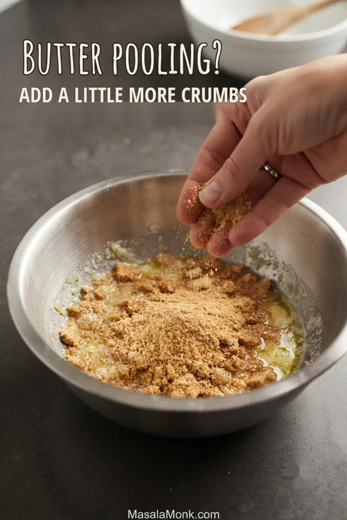Hand adding graham cracker crumbs to a bowl of wet crumb mixture with visible melted butter. Text reads “Butter pooling? Add a little more crumbs.”