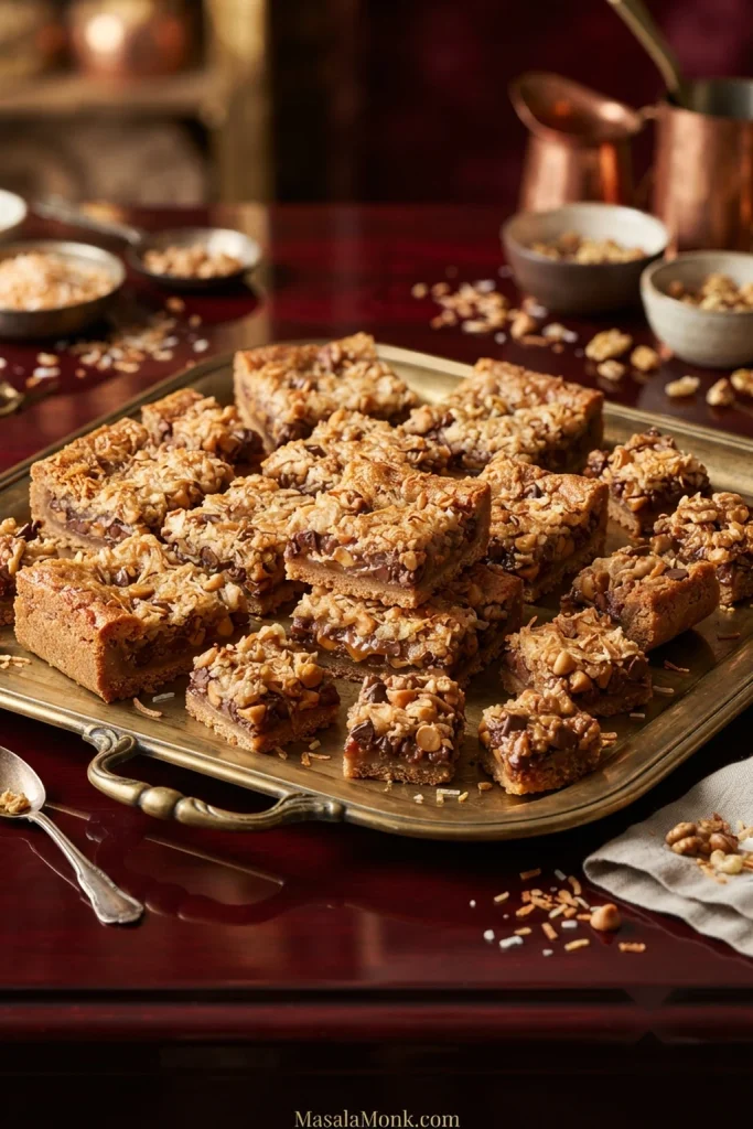 Serving tray filled with small Magic Cookie Bars topped with coconut and pecans on a warm holiday-style table setting.