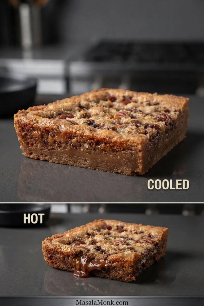 Comparison of a firm cooled Magic Cookie Bar and a hot bar with noticeably softer filling. Labels read “Cooled” and “Hot.”