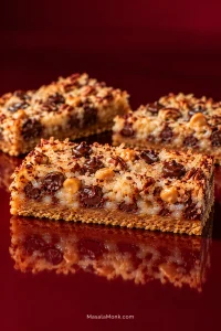 Three Magic Cookie Bars on a glossy deep-red surface, with golden graham crusts beneath toppings of coconut, pecans, chocolate chips and butterscotch chips.