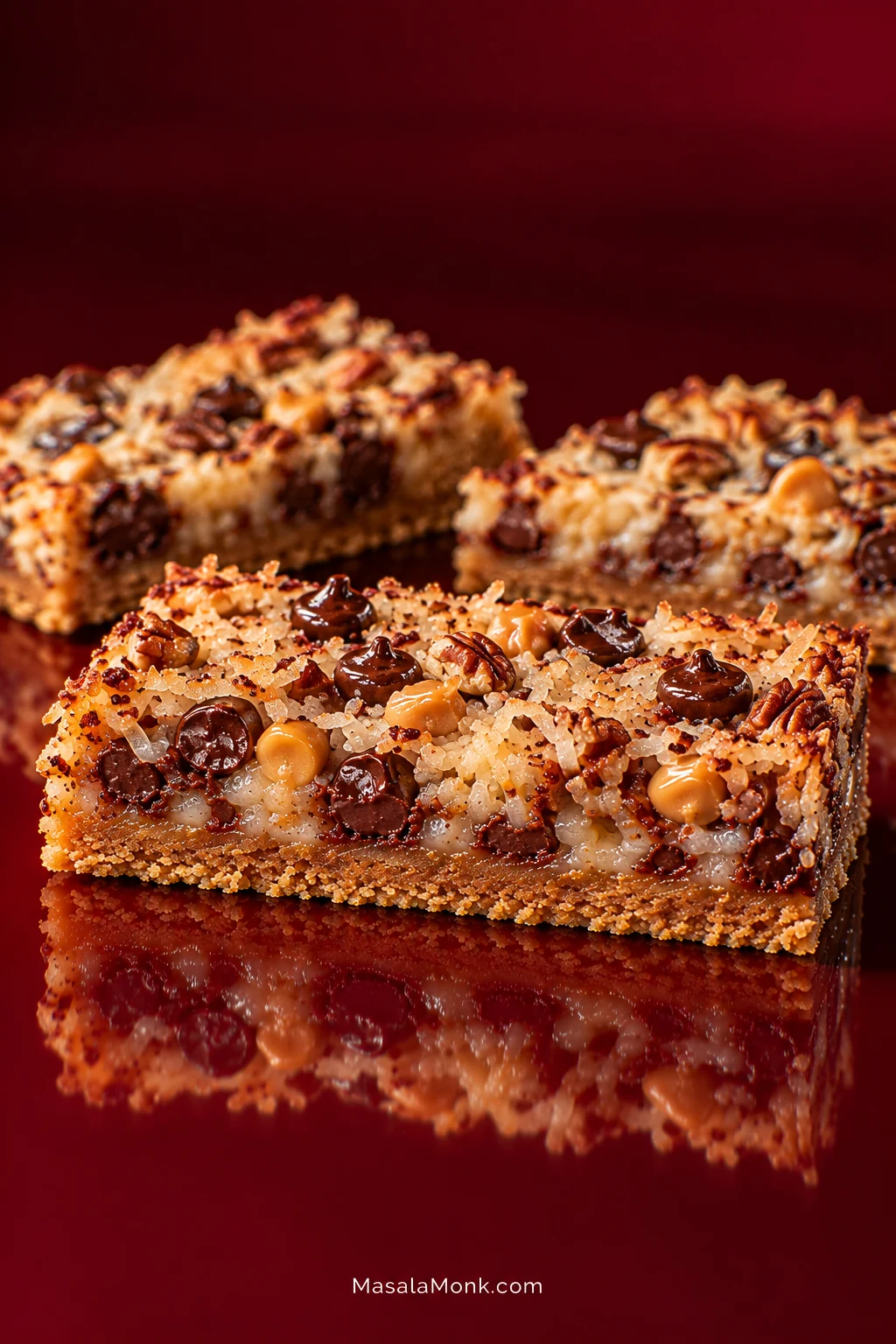 Three Magic Cookie Bars on a glossy deep-red surface, with golden graham crusts beneath toppings of coconut, pecans, chocolate chips and butterscotch chips.