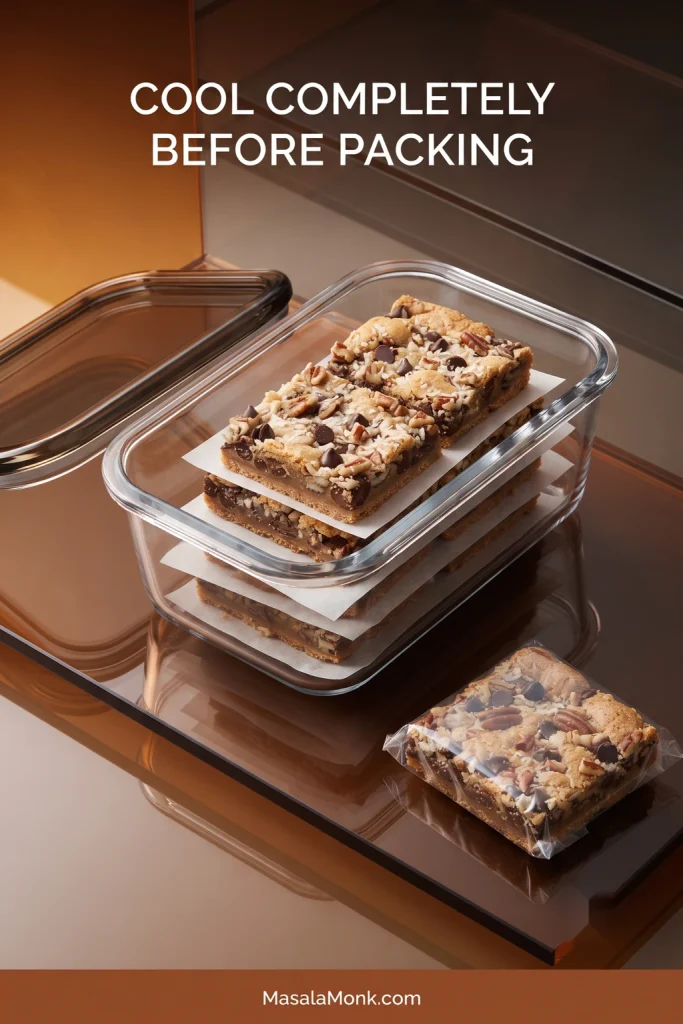 Cooled Magic Cookie Bars stacked in glass storage containers with parchment between the layers, with one separately wrapped bar nearby. Text reads “Cool completely before packing.”