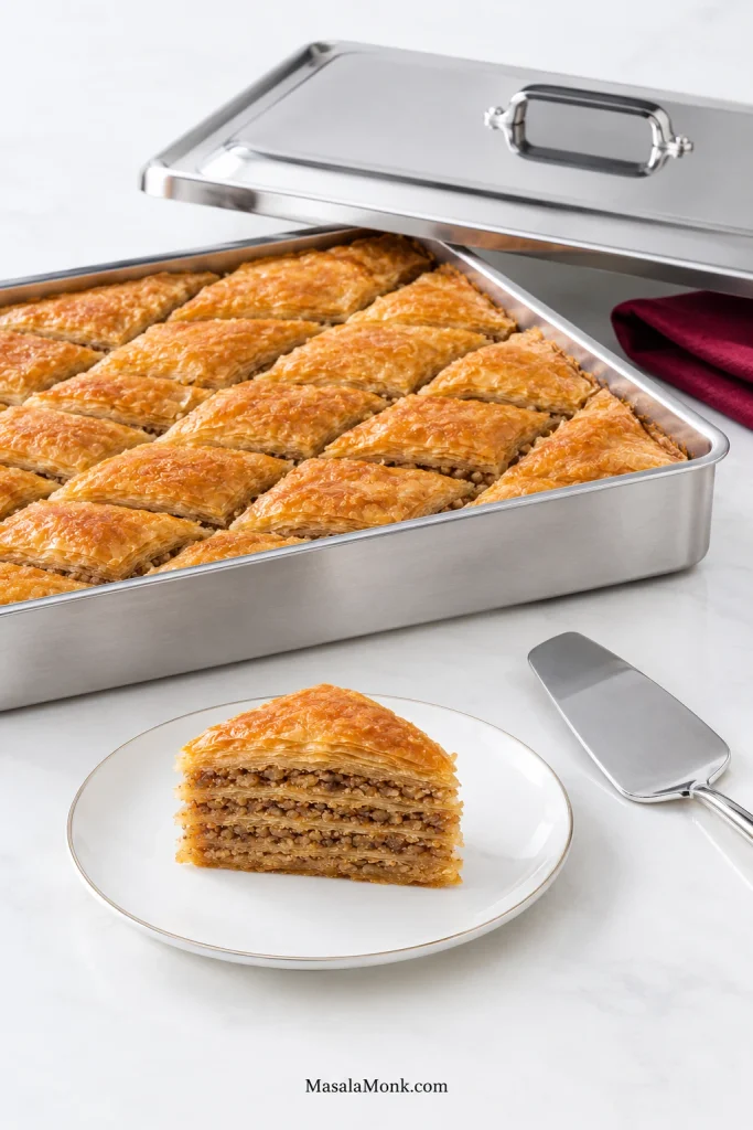 Bright serving setup with an open metal tray and lid, diamond-cut walnut baklava, a serving spatula and one plated piece ready to serve.
