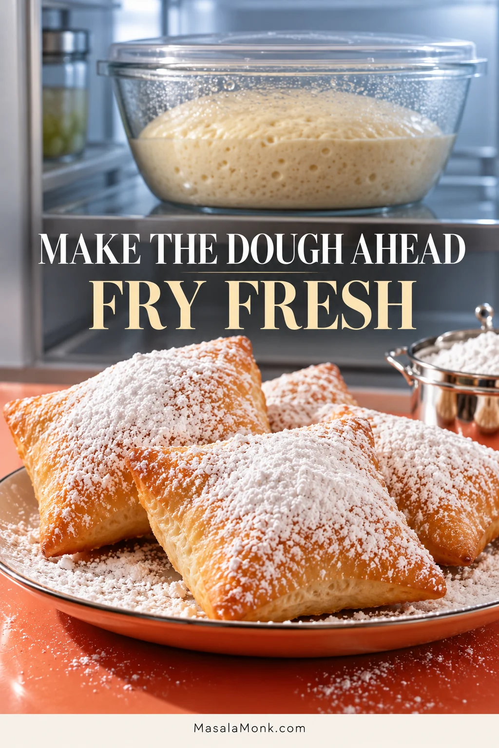Fresh powdered-sugar beignets in the foreground with a covered glass bowl of risen beignet dough on a refrigerator shelf behind them. Text reads “Make the Dough Ahead” and “Fry Fresh.”
