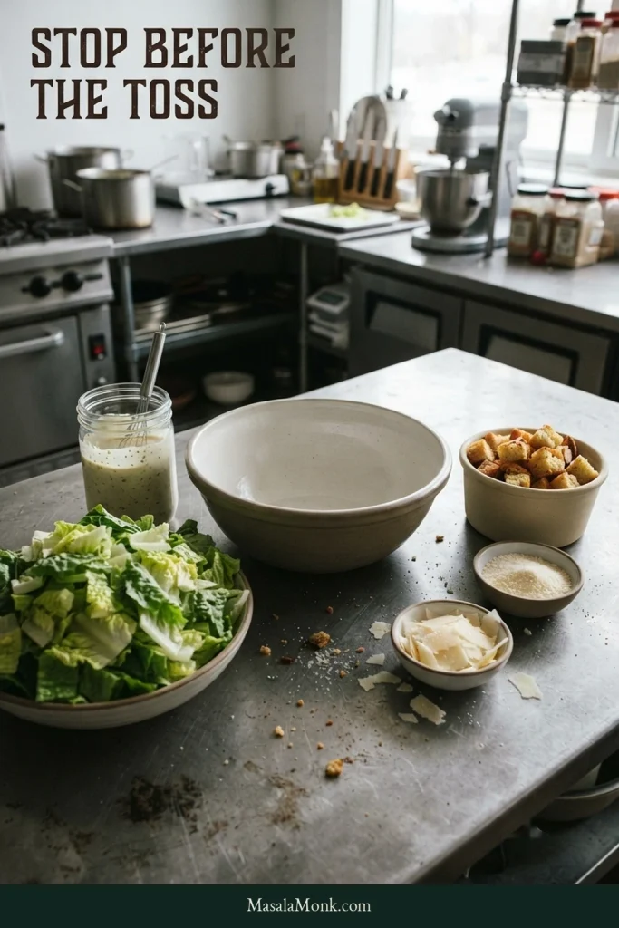 Separate Caesar salad components on a prep counter: chopped romaine, dressing in a jar, croutons, Parmesan and an empty mixing bowl.