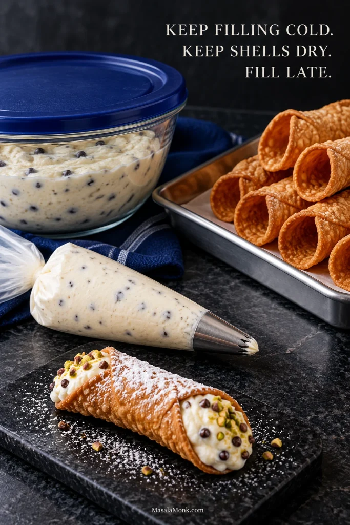 Container of chilled ricotta filling beside dry empty cannoli shells, a filled piping bag and one finished cannolo.