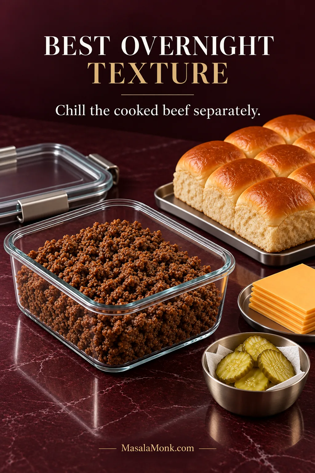 Container of cooled cooked beef beside Hawaiian rolls, cheese and pickles. Text reads “Best overnight texture — Chill the cooked beef separately.”