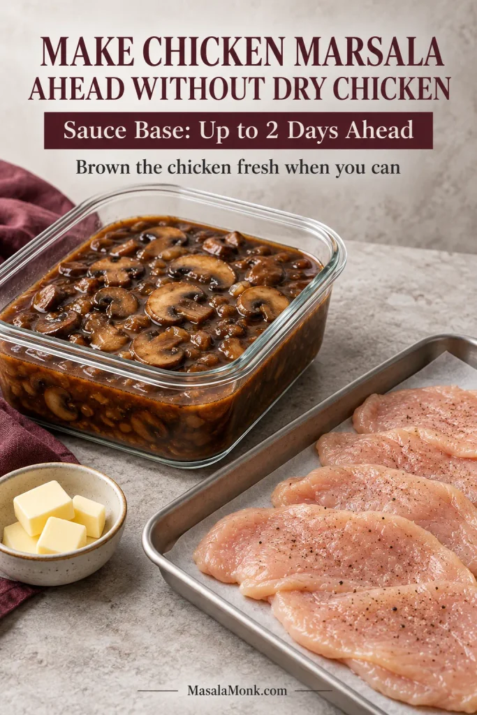 Glass container of mushroom Marsala sauce base beside separate raw thin chicken cutlets and a small bowl of cold butter, illustrating make-ahead preparation.