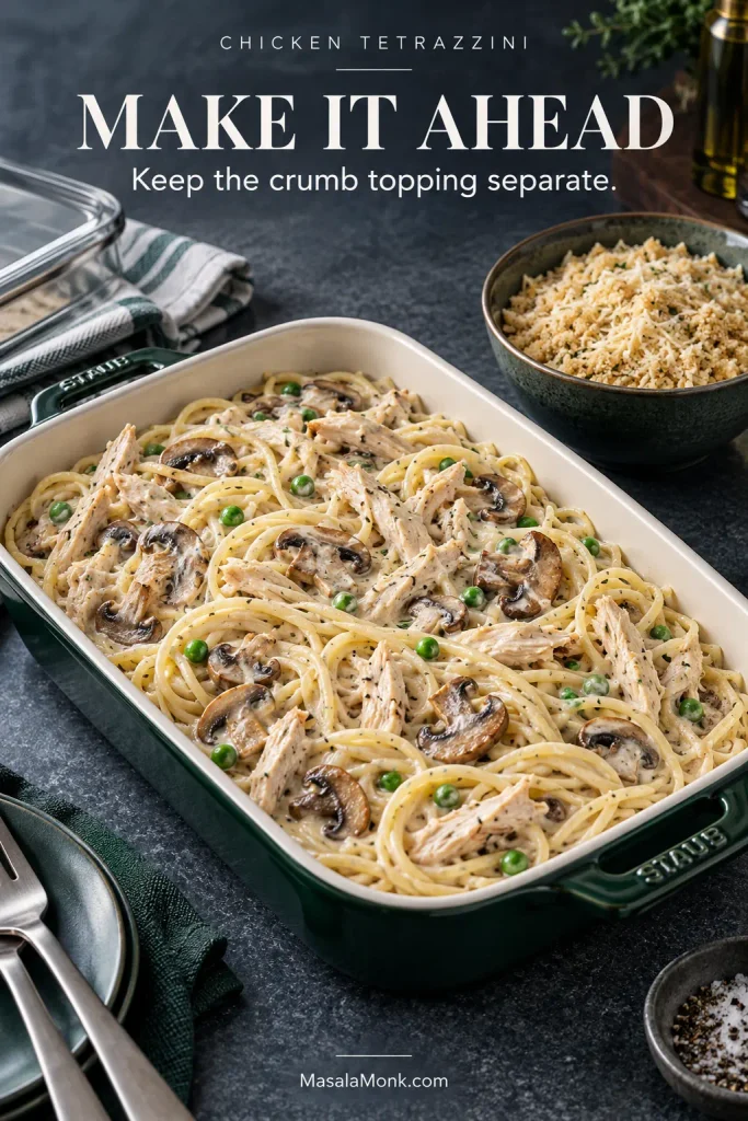 Unbaked chicken tetrazzini with cooked chicken, browned mushrooms, peas and creamy spaghetti beside a separate bowl of Parmesan-panko crumb topping. Text reads “Make it ahead — Keep the crumb topping separate.”