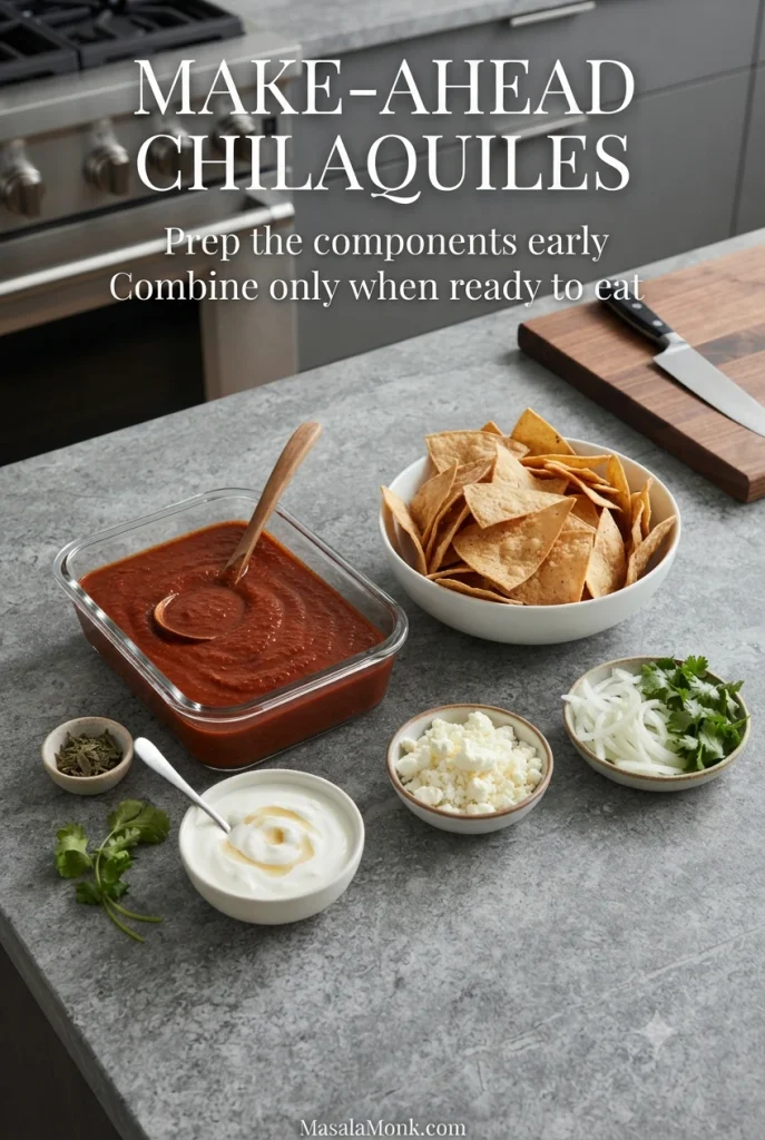 Cooked red salsa, crisp tortilla wedges, crema, crumbled cheese and sliced onion arranged separately for make-ahead chilaquiles. Graphic text says to combine only when ready to eat.
