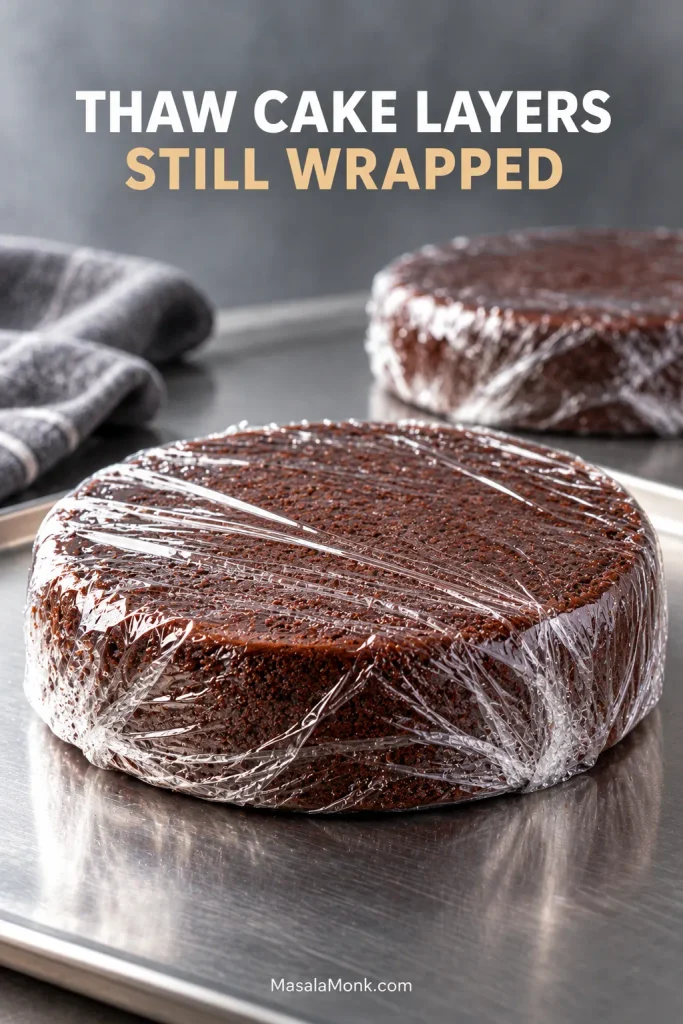 Bare round chocolate cake layer tightly wrapped in clear plastic on a metal tray, with a second wrapped layer blurred behind it.