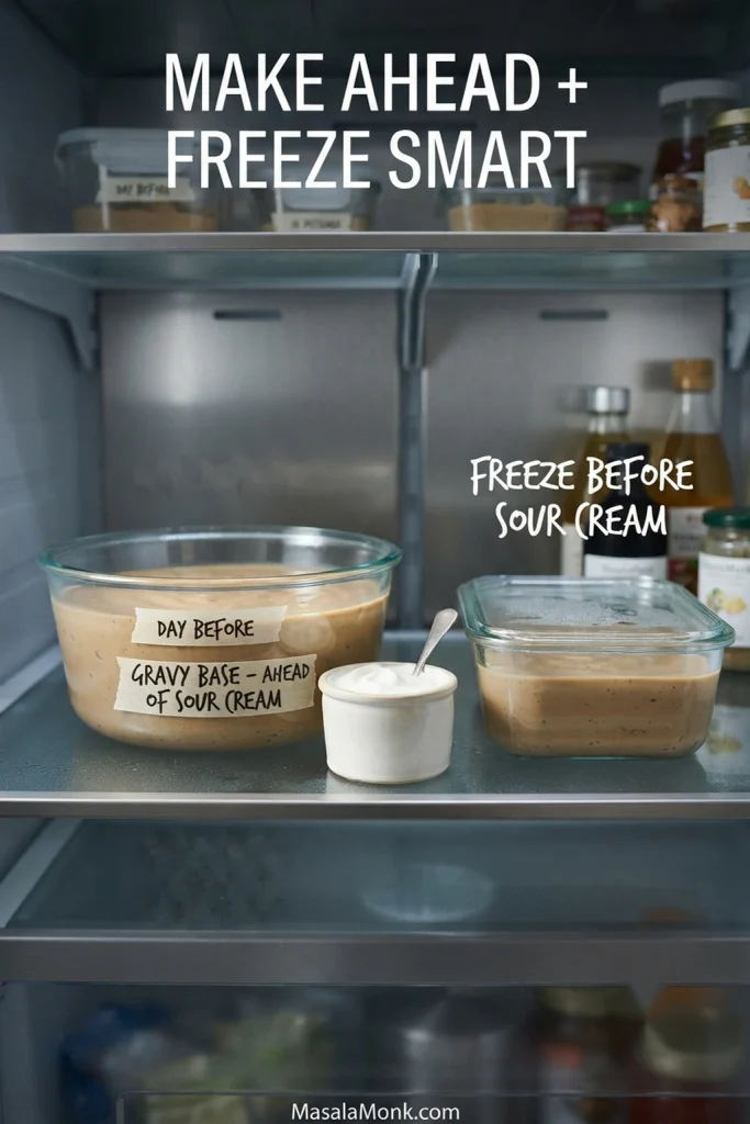 Make-ahead Swedish meatball gravy stored in sealed glass containers with sour cream kept separately, illustrating day-before storage and freezing before adding sour cream.