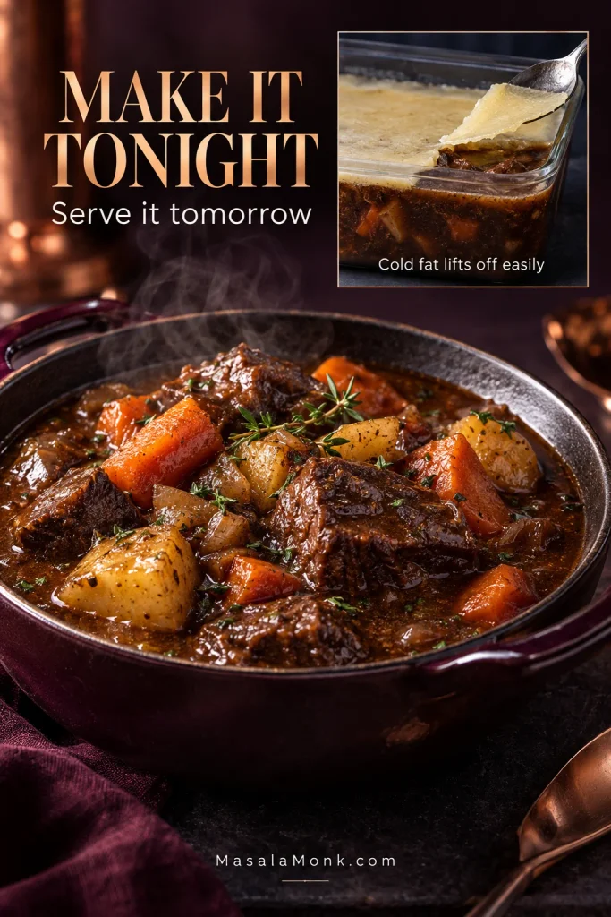 Reheated Guinness beef stew beside an inset showing a thin layer of hardened fat being lifted from chilled stew.