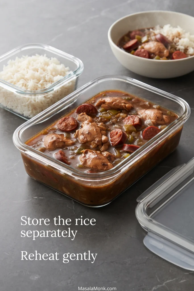 Clear glass container of chicken and andouille gumbo beside a separate container of white rice, with a reheated bowl of gumbo in the background.
