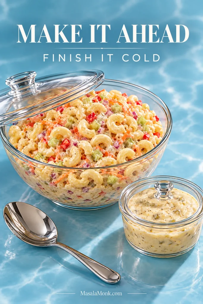 Partly covered glass bowl of macaroni salad beside a small covered container of reserved dressing and a polished serving spoon on a blue surface.