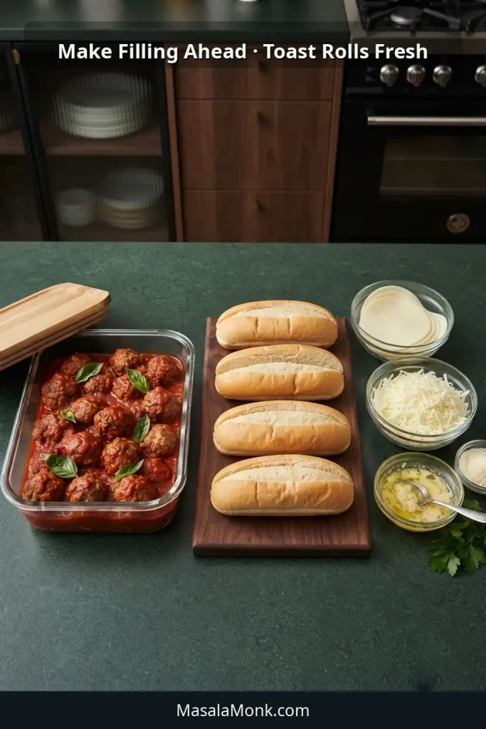 Container of meatballs in marinara beside dry hoagie rolls, sliced provolone, shredded mozzarella, and garlic butter kept separate.