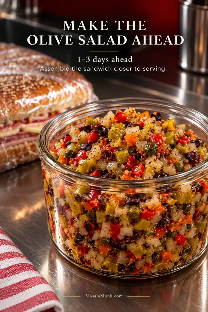 Clear glass container of rested muffuletta olive salad with a wrapped sesame sandwich resting nearby.