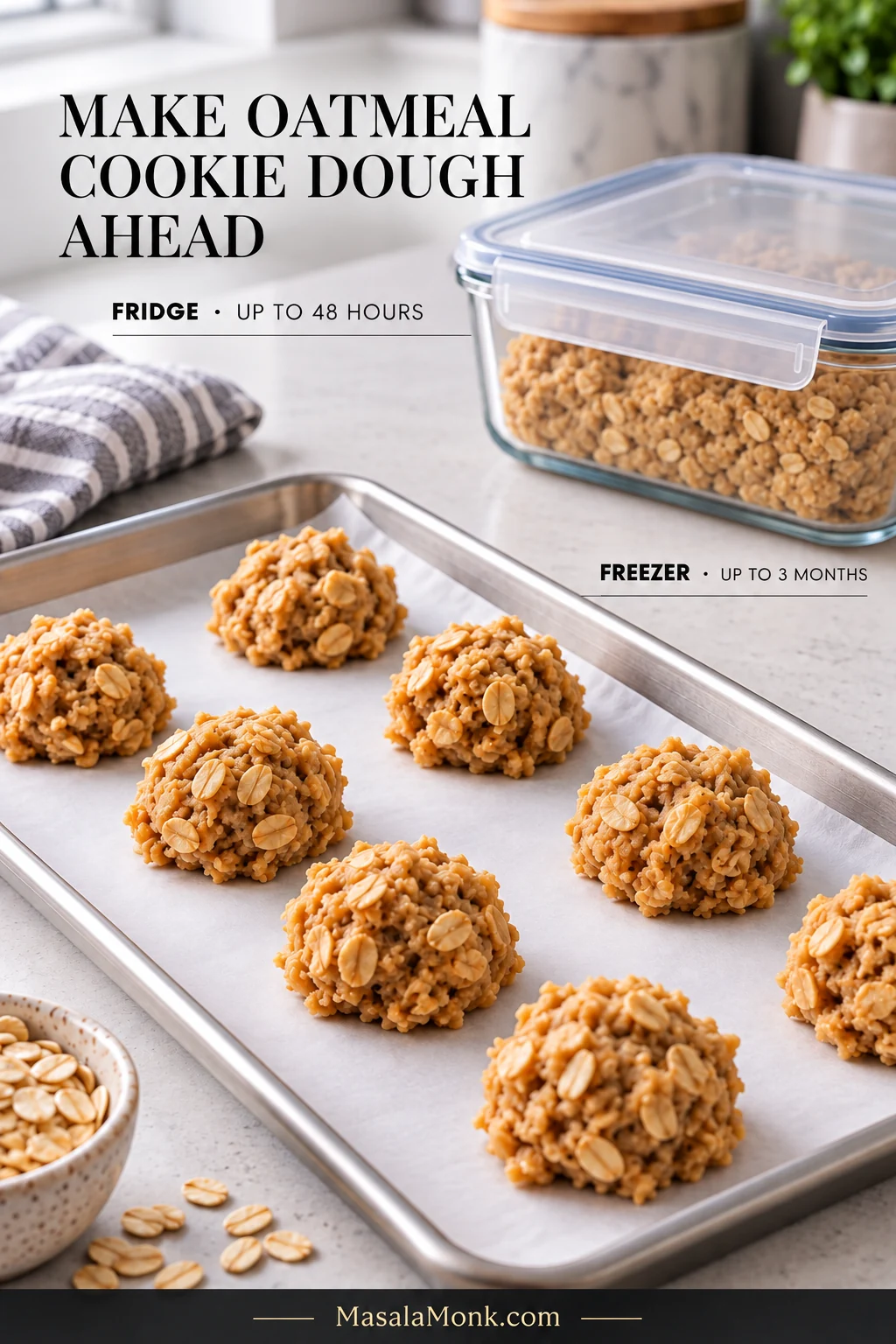 Plain oatmeal cookie dough portions on a parchment-lined tray for freezing beside dough sealed in a lidded container for refrigeration.
